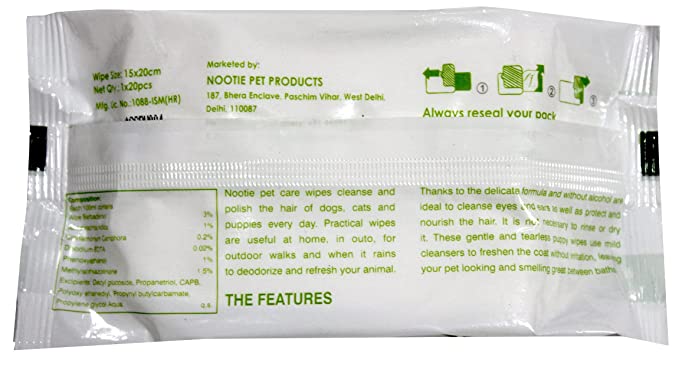 Nootie Wet Pet Wipes for Cats, Dogs, Puppies & Pets with Fresh Aloe Vera Fragrance 15cm X 20cm (Small (20wipes/Pack)