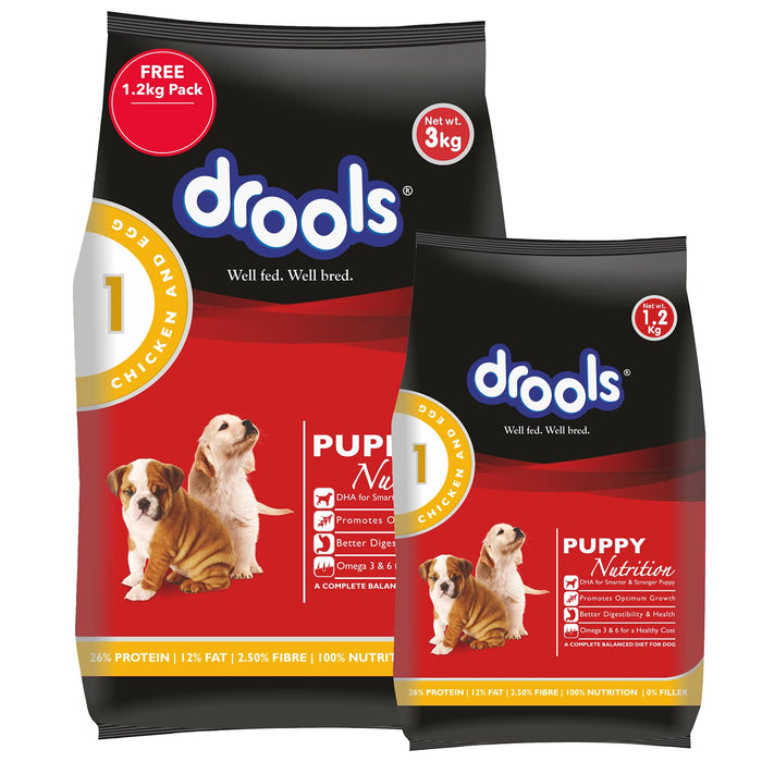 Drools Chicken and Egg Puppy Dog Food, 3kg with Free 1.2kg