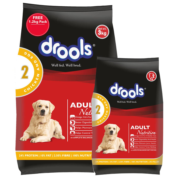 Drools Chicken and Egg Adult Dog Food, 3kg with Free 1.2kg