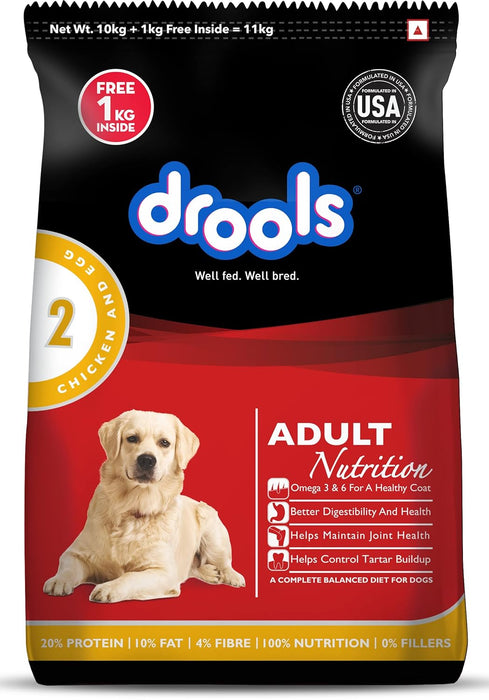 Drools Chicken and Egg Adult Dry Dog Food, 10kg + 1kg Free (H)