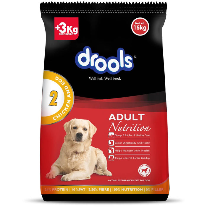 Drools Chicken and Egg Adult Dog Food, 15kg (+3kg Extra Free Inside)