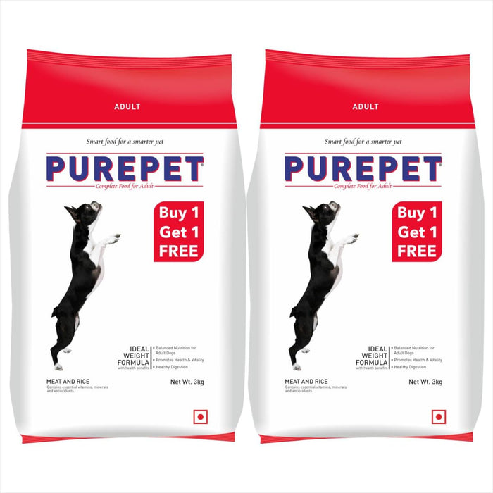 Purepet Meat and Rice Adult Dry Dog Food, 3kg (Buy 1 Get 1 Free)