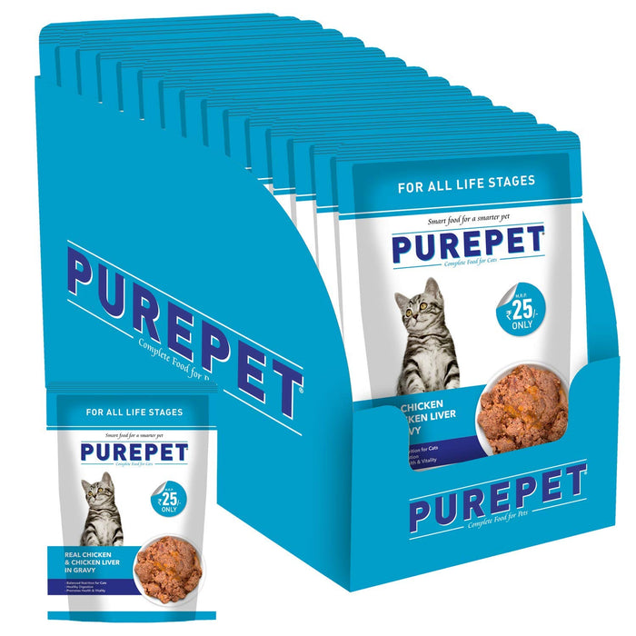 Purepet Wet Cat Food, Real Chicken and Chicken Liver in Gravy, 15 Pouches (15 x 70g)