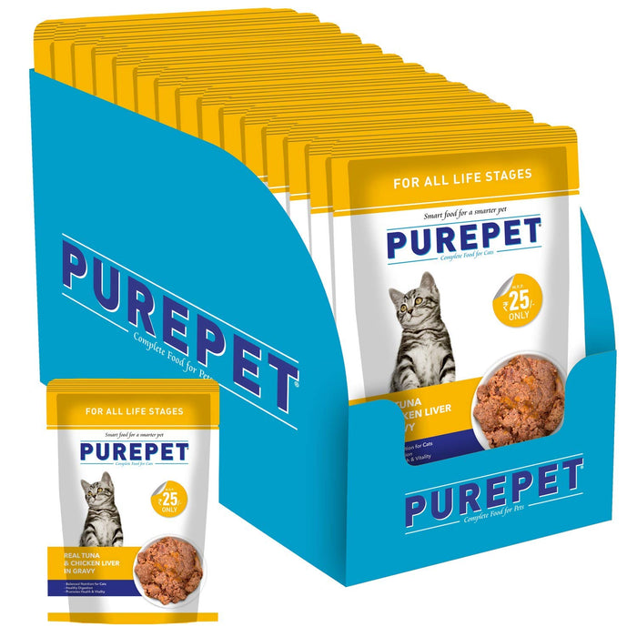 Purepet Wet Cat Food, Real Tuna and Chicken Liver in Gravy, 15 Pouches (15 x 70g)