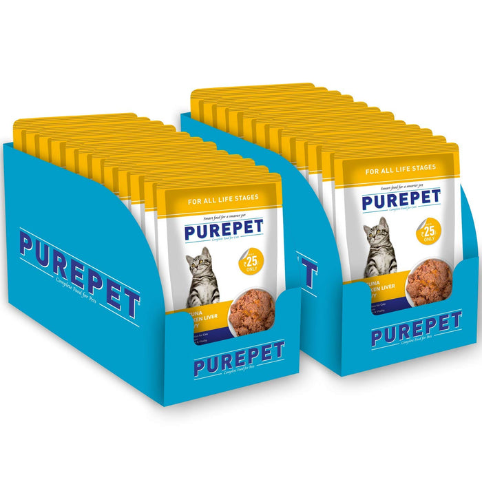 Purepet All Life Stages Wet Cat Food, Real Tuna and Chicken Liver in Gravy, 24 Pouches (24 x 70g)