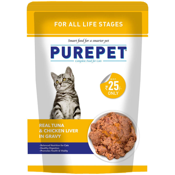 Purepet All Life Stages Wet Cat Food, Real Tuna and Chicken Liver in Gravy, 24 Pouches (24 x 70g)