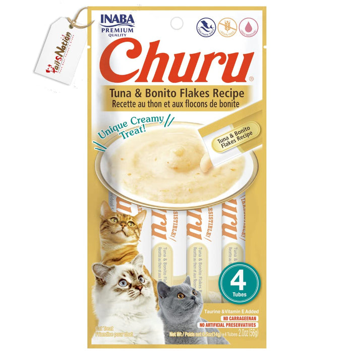 Inaba Premium Flavour Packed Cat Treats - Made in Thailand(Churu Tuna & Bonito Flakes Recipe, Taurine & Vitamin E Added