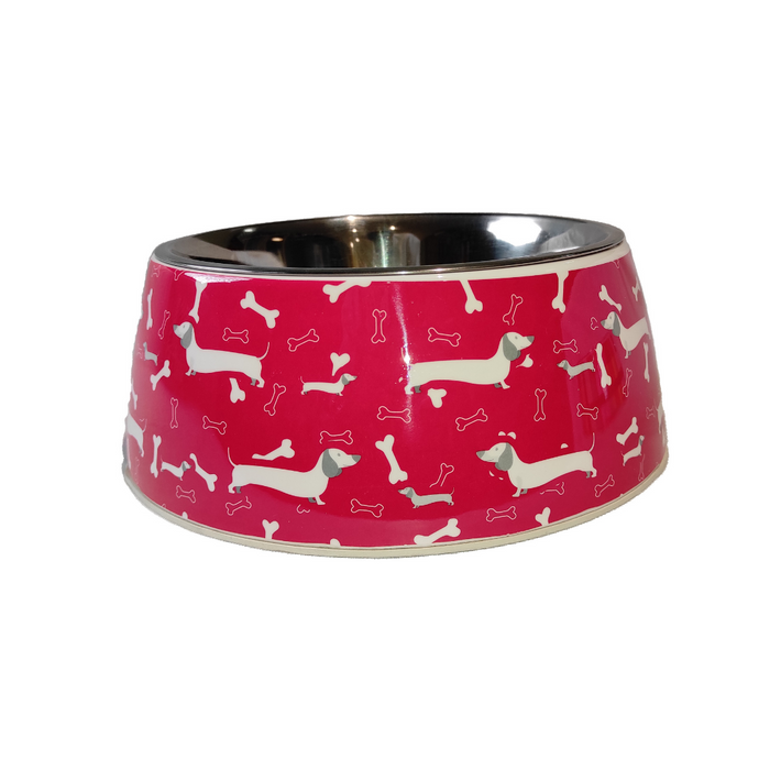 Nootie Red Dachshund Dog & Bone Printed Stainless Steel Non Skid Bowl For Dog/Cat