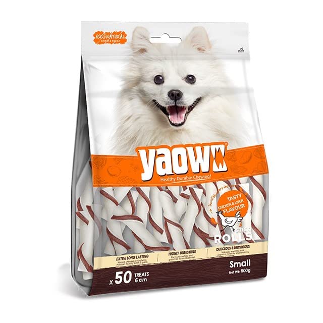 Yaowo All Natural Dog Rawhide Bones with Chicken Inside, 100% Digestible & Durable, Promotes Healthy Teeth Strong Bones and Joints, 5` Stick Roll 500gm