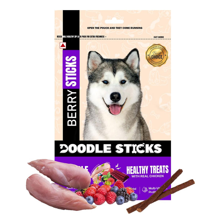 Doodle Sticks Suitable for All Breads Healthy Treats with Real Chicken (Berry Sticks) by Nootie