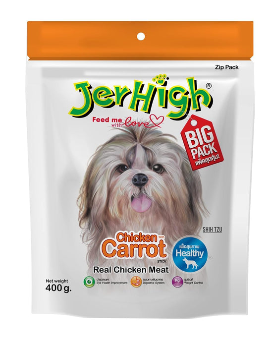 Jerhigh High Chicken Meat Carrot Stick Dog Treats, Fully Digestible Healthy Snack & Training Treat, Size- 400 gm (Pack of 1)