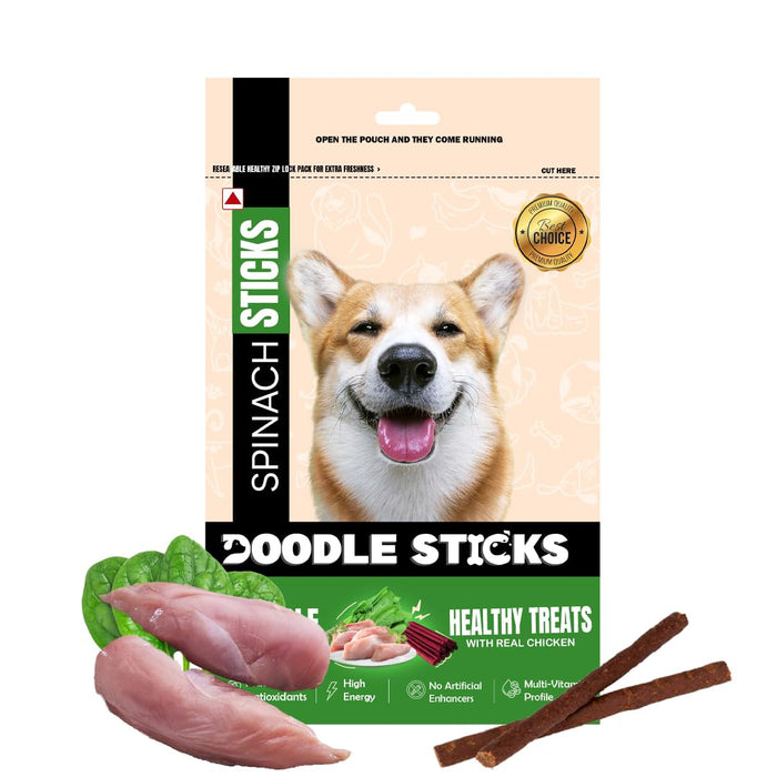 Doodle Sticks Suitable for All Breads Healthy Treats with Real Chicken (Spinach Sticks) by Nootie