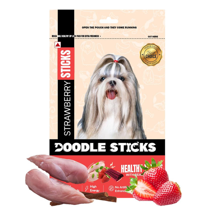 Doodle Sticks Suitable for All Breads Healthy Treats with Real Chicken (Strawberry Sticks) by Nootie