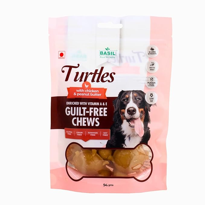 Basil Gluten Free Treats & Chews (Guilt-Free) Turtle with Peanut Butter for Dogs & Puppies( Pack of 2)