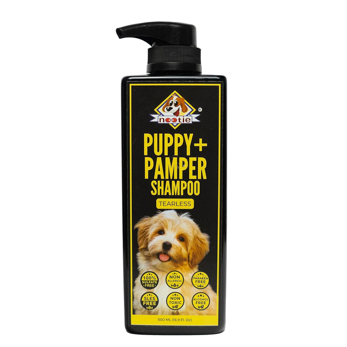 Nootie Dog Shampoo to Remove Dirt, Grime & Oil. Made with Natural Actives for A Cleaner, Smoother, Shinier Coat and Fragrance (Puppy + Pamper TEARLESS)-Get Free 25 Sheet Wipes Pack