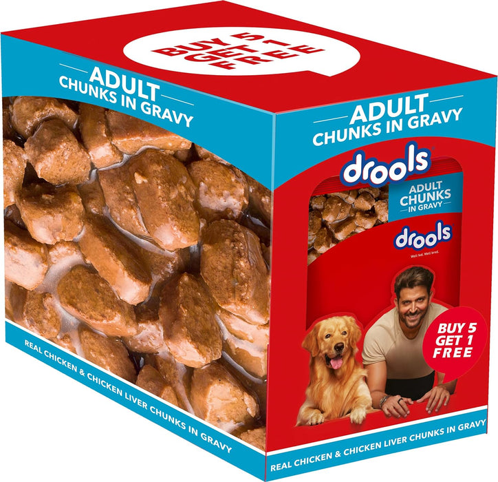 Drools Adult Wet Dog Food, Real Chicken and Chicken Liver Chunks in Gravy,6 Pouches (6 x 150g)