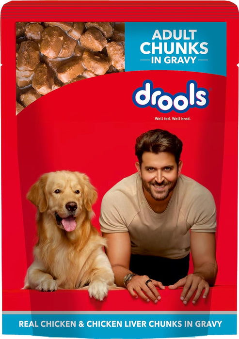 Drools Adult Wet Dog Food, Real Chicken and Chicken Liver Chunks in Gravy,6 Pouches (6 x 150g)