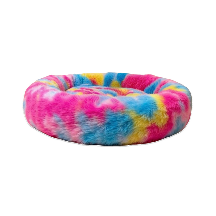 Nootie Donut Calming Cuddler Dog Bed – Rainbow Medium Plush Donut Bed (26" x 4.5") | Polyester Faux Fur + Polyfill | Hand & Machine Wash