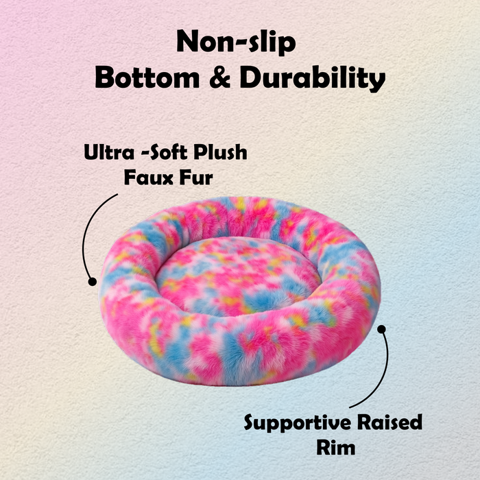 Nootie Donut Calming Cuddler Dog Bed – Rainbow Medium Plush Donut Bed (26" x 4.5") | Polyester Faux Fur + Polyfill | Hand & Machine Wash
