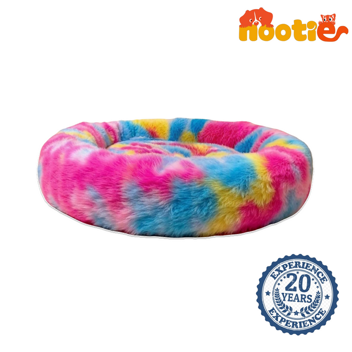 Nootie Donut Calming Cuddler Dog Bed – Rainbow Medium Plush Donut Bed (26" x 4.5") | Polyester Faux Fur + Polyfill | Hand & Machine Wash