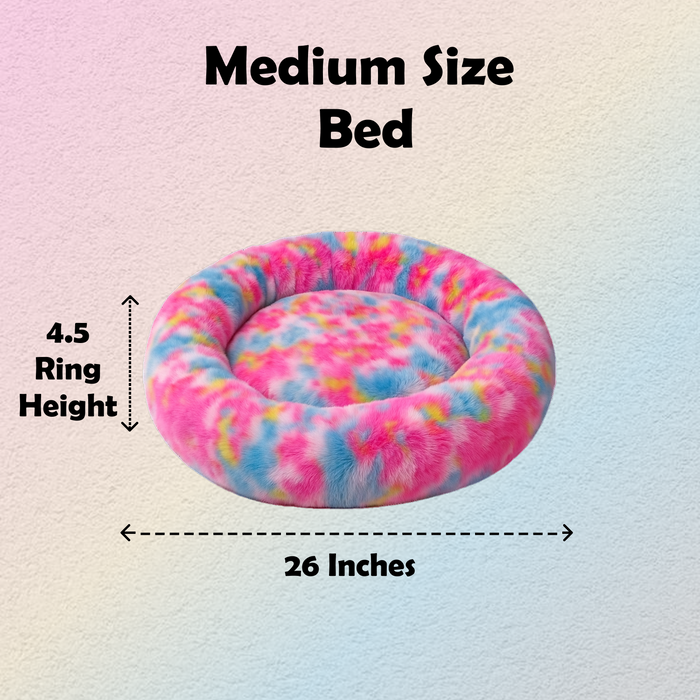 Nootie Donut Calming Cuddler Dog Bed – Rainbow Medium Plush Donut Bed (26" x 4.5") | Polyester Faux Fur + Polyfill | Hand & Machine Wash