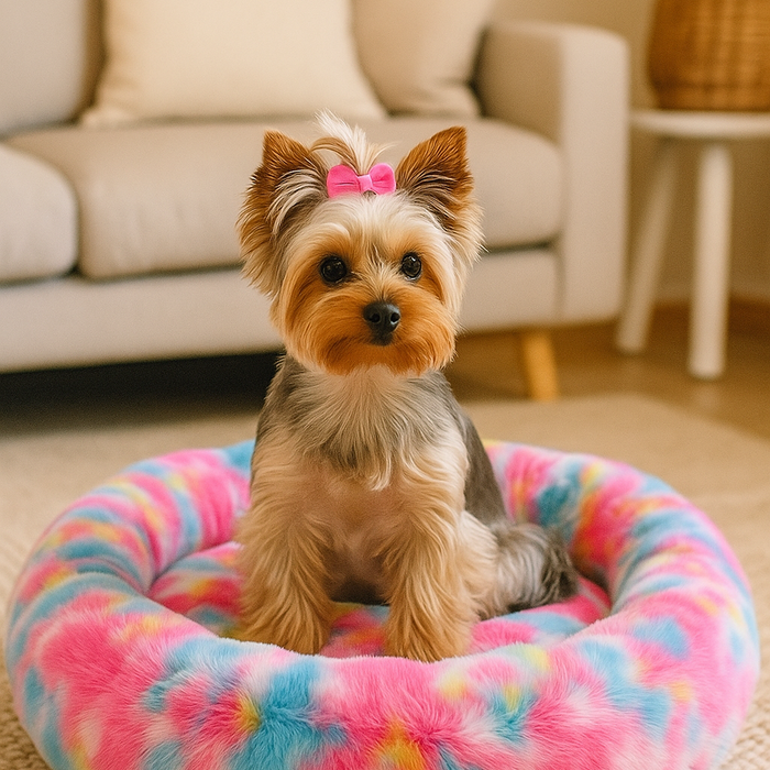 Nootie Donut Calming Cuddler Dog Bed – Rainbow Medium Plush Donut Bed (26" x 4.5") | Polyester Faux Fur + Polyfill | Hand & Machine Wash