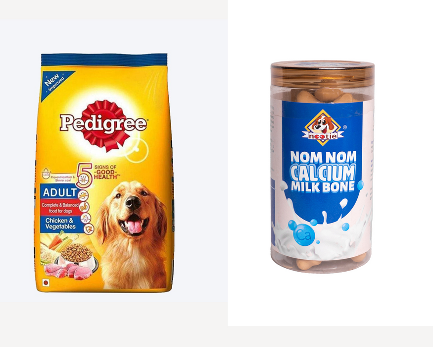 Pedigree Chicken & Vegetables Adult Dry Dog Food 5.5KG X Nootie Nom Nom Calcium Milk Bone Jar, Dog Supplement Treats for All Life Stages - 500g Combo Packs