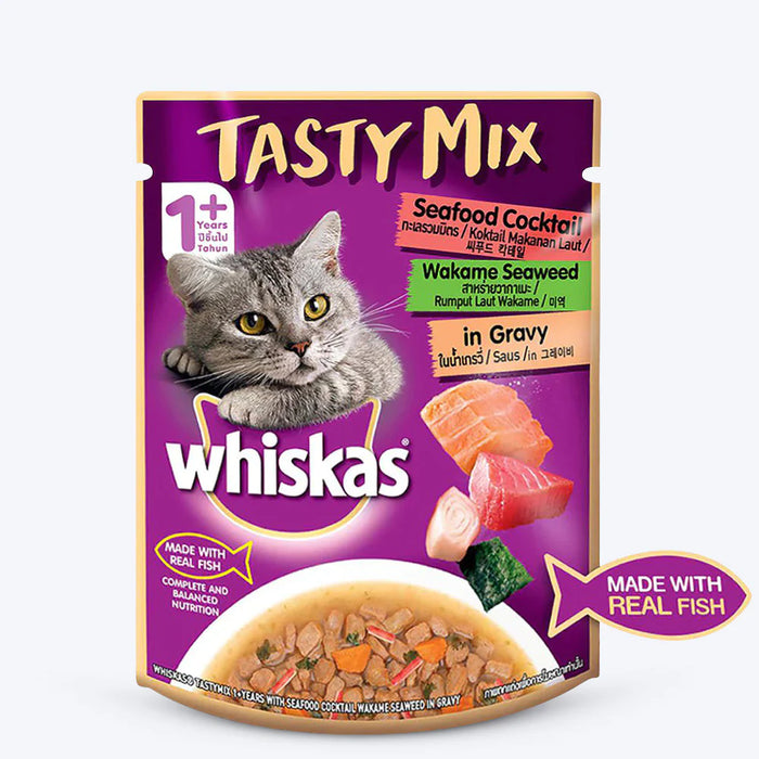 WHISKAS ADULT TASTYMIX SEAFOOD COCKTAIL WAKAME SEAWEED IN GRAVY 70GM