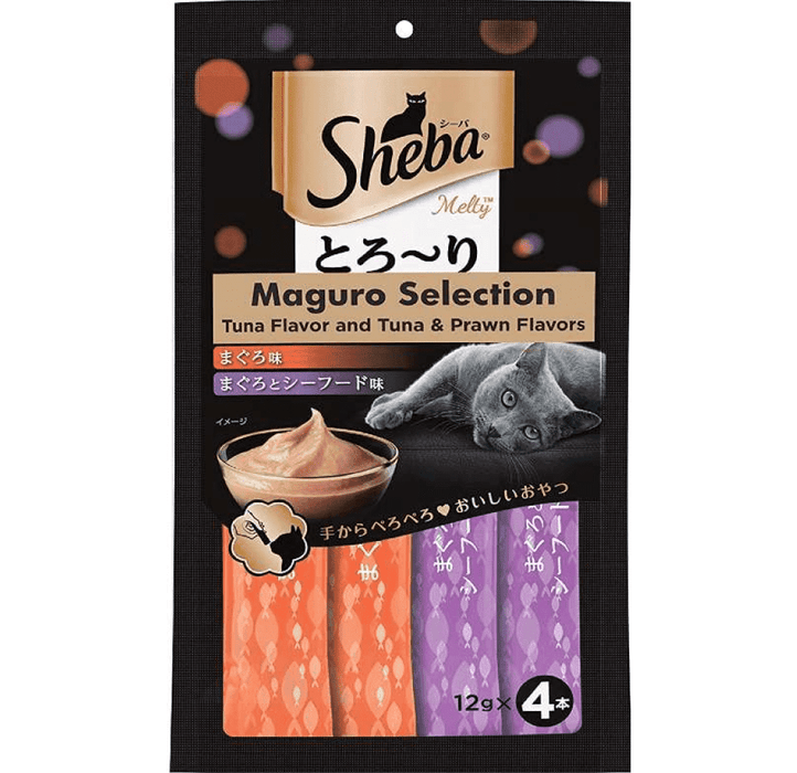 Sheba Tuna Flavor and Tuna & Prawn Maguro Selection Melty Premium Cat Treat 48 g (Pack of 4)