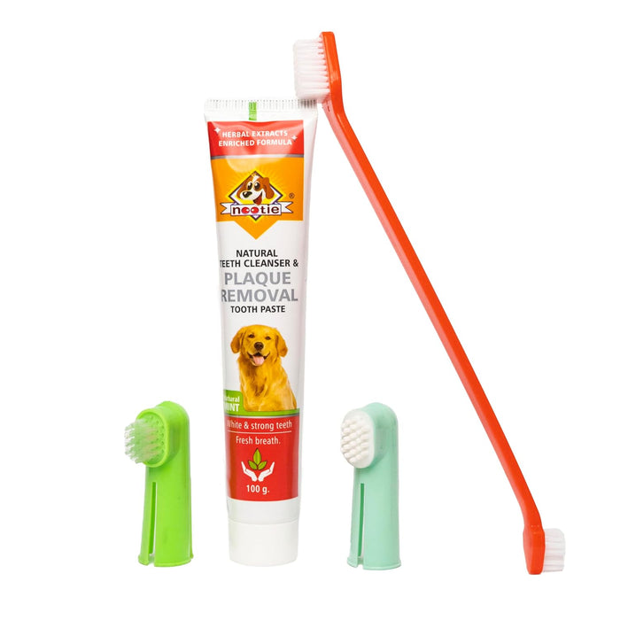 Nootie Dog Dental Hygiene Kit with Toothpaste with Pleasant Mint Flavour (100 g), Finger Toothbrush, Two-Sided Toothbrush with Two Different Brush Heads-(Red)