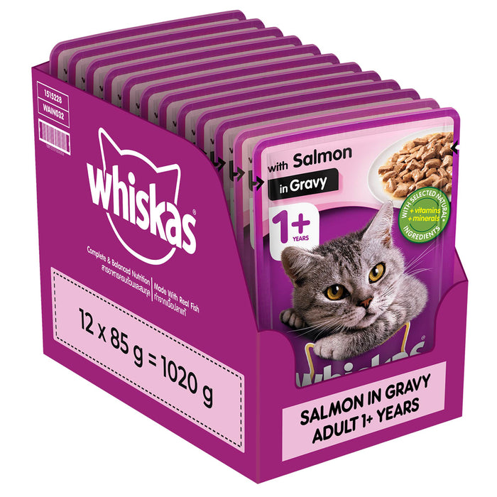 Whiskas Wet Food for Adult Cats (1+Years), Salmon in Gravy Flavour, 12 Pouches (12 x 85g)