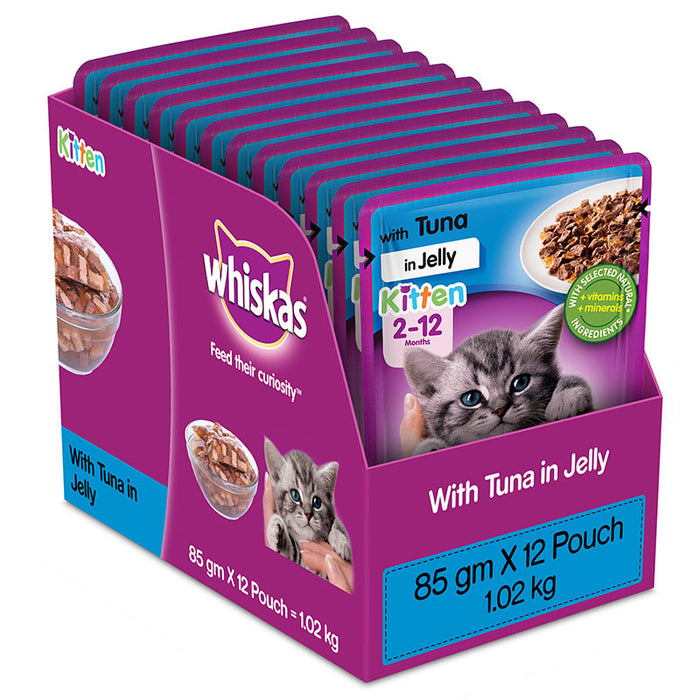 Whiskas Wet Food for Kittens (2-12 Months), Tuna in Jelly Flavour, 12 pouches (12 x 85g)