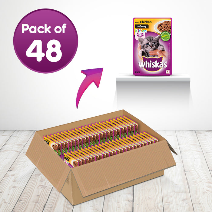 Whiskas Wet Food for Kittens (2-12 Months), Chicken in Gravy Flavour, 48 pouches (48 x 85g)