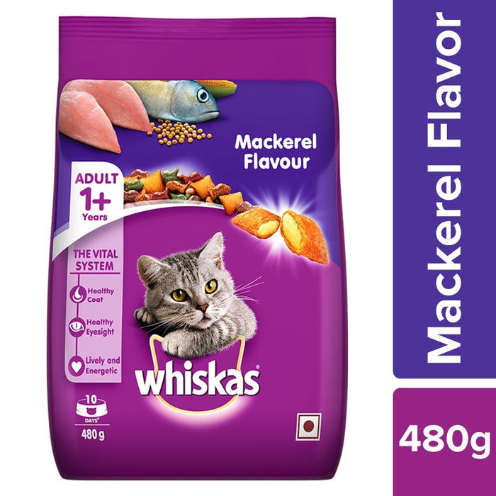 Whiskas Adult (+1 year) Dry Cat Food, Mackerel Flavour, 480g Pack