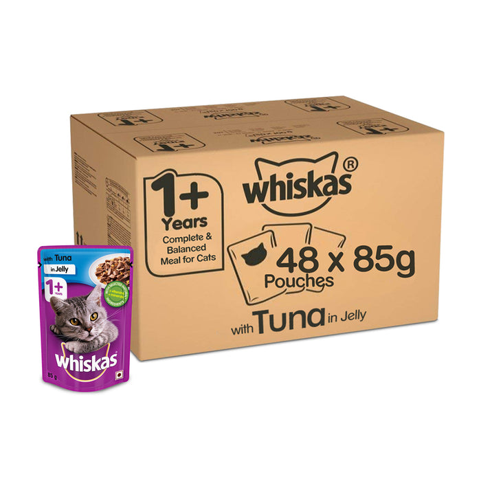Whiskas Adult (+1 year) Wet Cat Food Food, Tuna in Jelly Monthly Pack, 48 Pouches (48 x 85g)