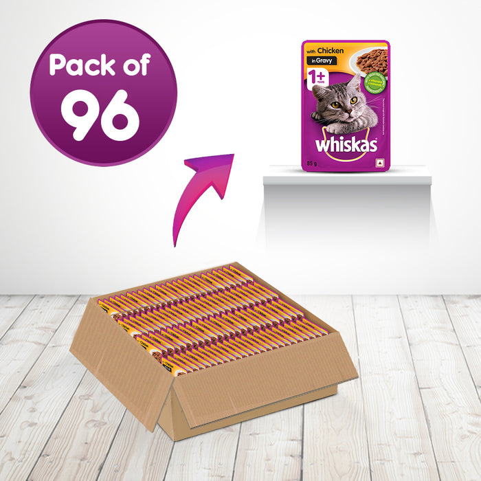 Whiskas Wet Cat Food for Adult Cats (1+Years), Chicken in Gravy Flavour, 96 Pouches (96 x 85g)