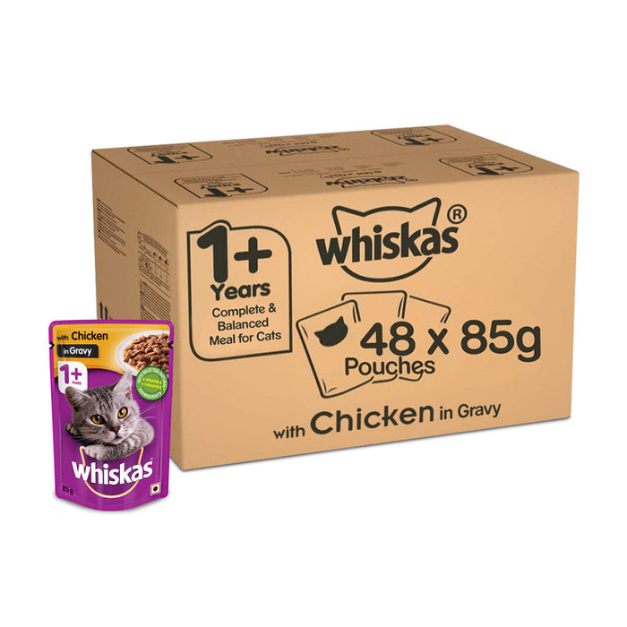Whiskas Adult (+1 year) Wet Cat Food Food, Chicken in Gravy Monthly Pack, 48 Pouches (48 x 85g)
