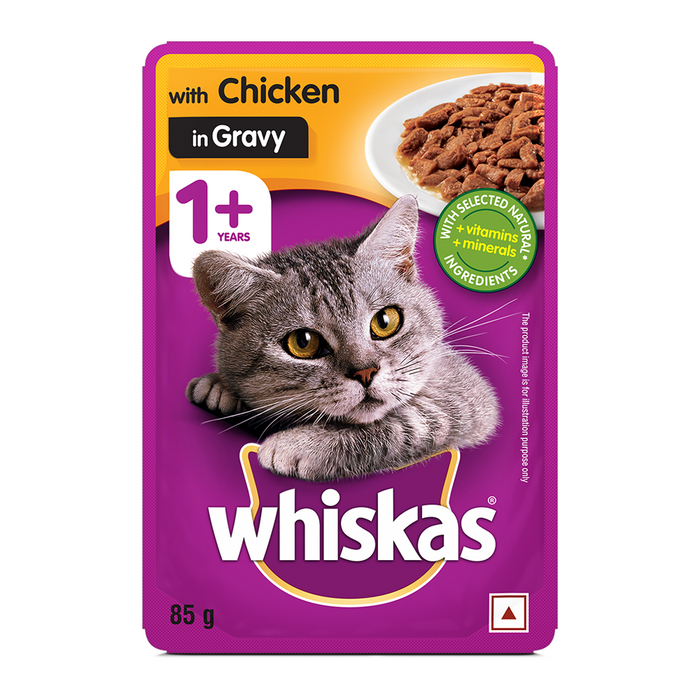 Whiskas Wet Cat Food for Adult Cats (1+Years), Chicken in Gravy Flavour, 96 Pouches (96 x 85g)