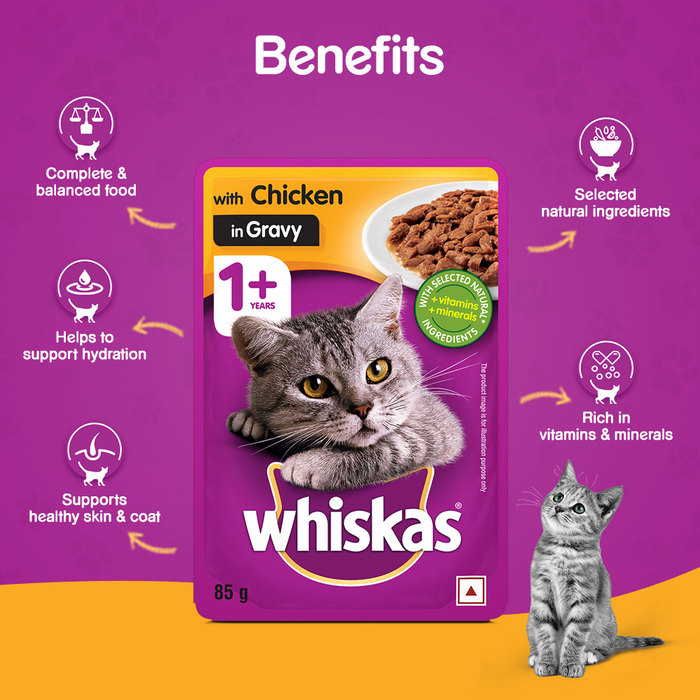 Whiskas Wet Cat Food for Adult Cats (1+Years), Chicken in Gravy Flavour, 85g