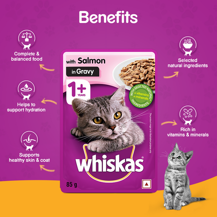 Whiskas Wet Food for Adult Cats (1+Years), Salmon in Gravy Flavour, 85g