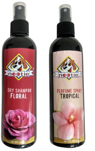 Nootie Dry Dog Shampoo to Remove Dirt, Grime & Oil. Made with Natural Actives for A Cleaner, Smoother, Shinier Coat and Fragrance. (Dry Shampoo Floral and Perfume Spray Tropical)