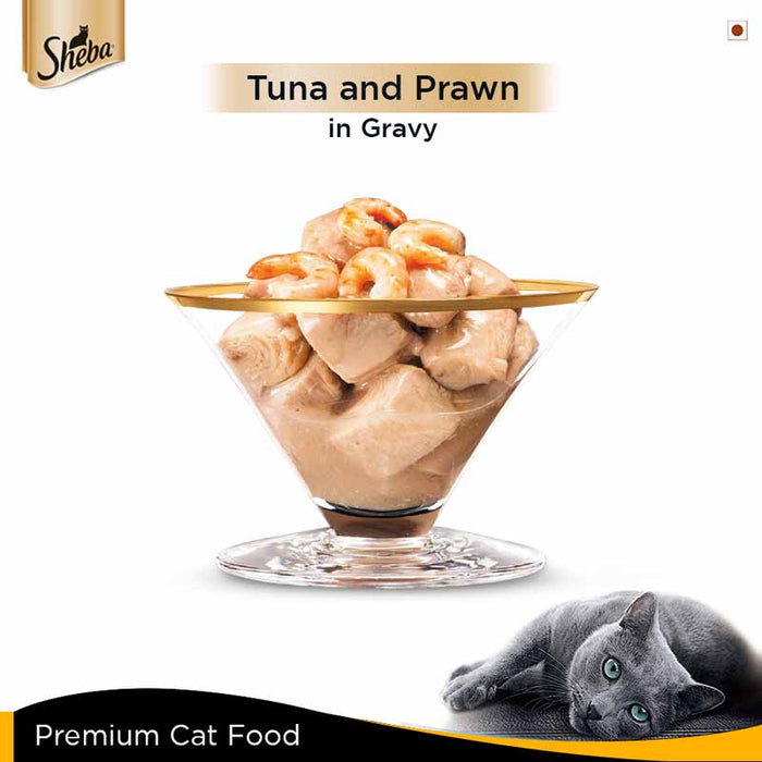 Sheba Premium Wet Cat Food Food, Tuna Fillet & Whole Prawns in Gravy, 85g Can