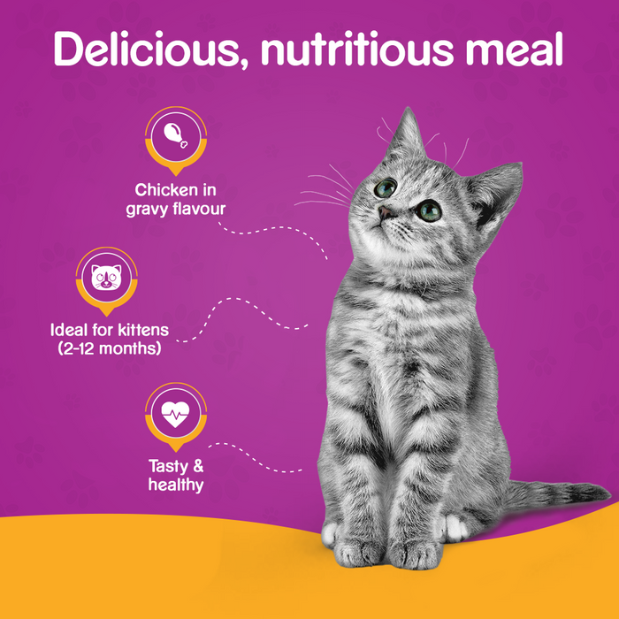 Whiskas Wet Food for Kittens (2-12 Months), Chicken in Gravy Flavour, 48 pouches (48 x 85g)