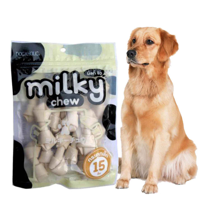 Dogaholic Milky Chews Dog Treat Knotted Bones Veg 15 pcs Pack for Puppies above 2 months (Pack of 3)