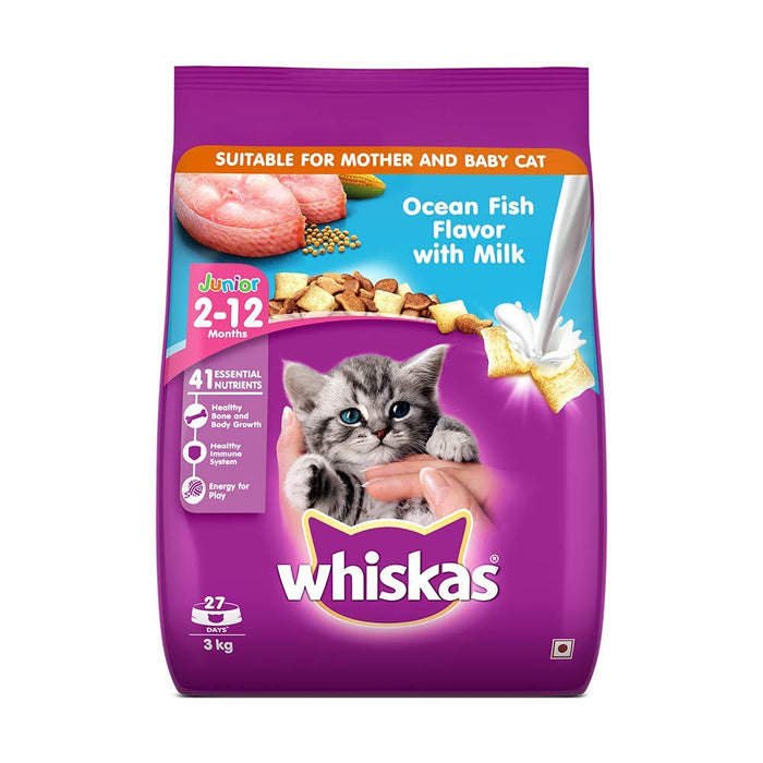 Whiskas Kitten (2-12 months) Dry Cat Food, Ocean Fish with Milk, 3kg Pack