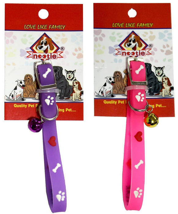 Nootie Adjustable Length Paw Print Cat/Puppies Collar with Bell Attractive Colors | Pack of 2 Collar (Purple & Pink)