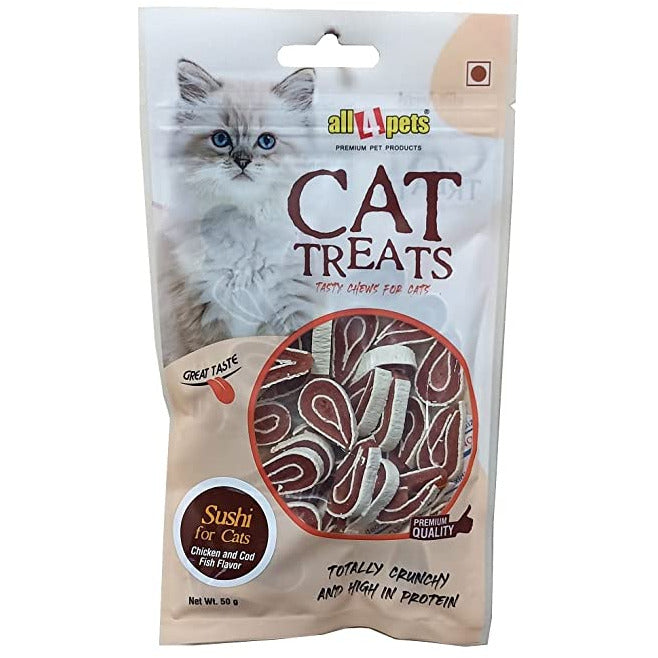 All4Pet Premium Cat Treat 50gm | Sushi for Cats Chi .& Cod Fish Flv (Pack of 2)