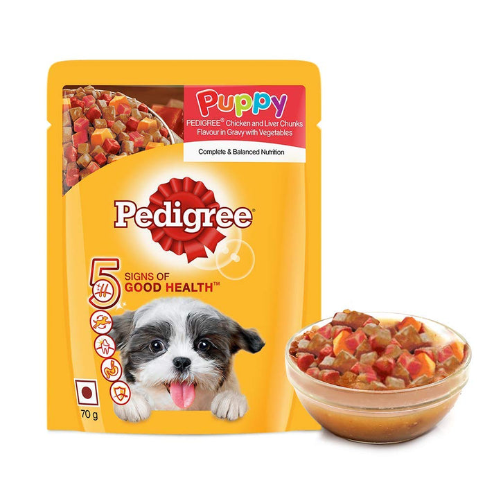Pedigree Puppy Wet Dog Food, Chicken And Liver Chunks Flavour in Gravy with Vegetables, 30 Pouches