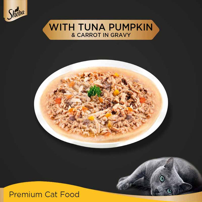 Sheba Rich Premium Adult (+1 Year) Fine Wet Cat Food, Tuna Pumpkin & Carrot In Gravy- Pack of 24 x 70g