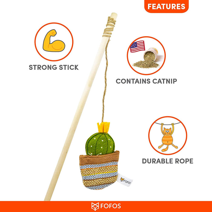 Barkbutler x Fofos Cat Toys - Cactus Wand EL Paso Cat Wand Teaser Toy, Green | US Grade Catnip Inside | Durable Wooden Stick+Robust Rope | Cactus Plush Toy
